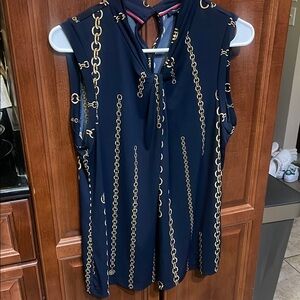 Tommy Hilfiger Blue and Gold Tie Front Sleeveless Blouse